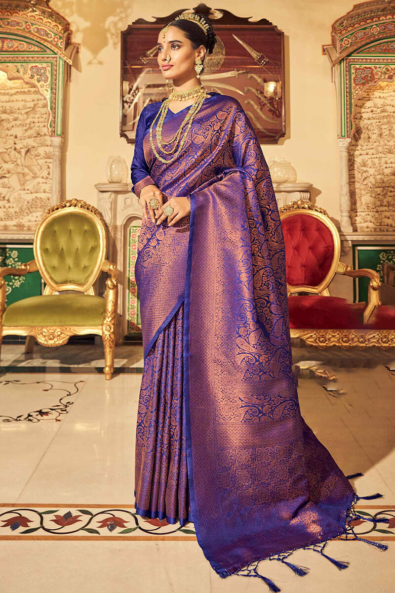 Charming Royal Blue Kanjivaram Silk Saree With Classic Blouse Piece