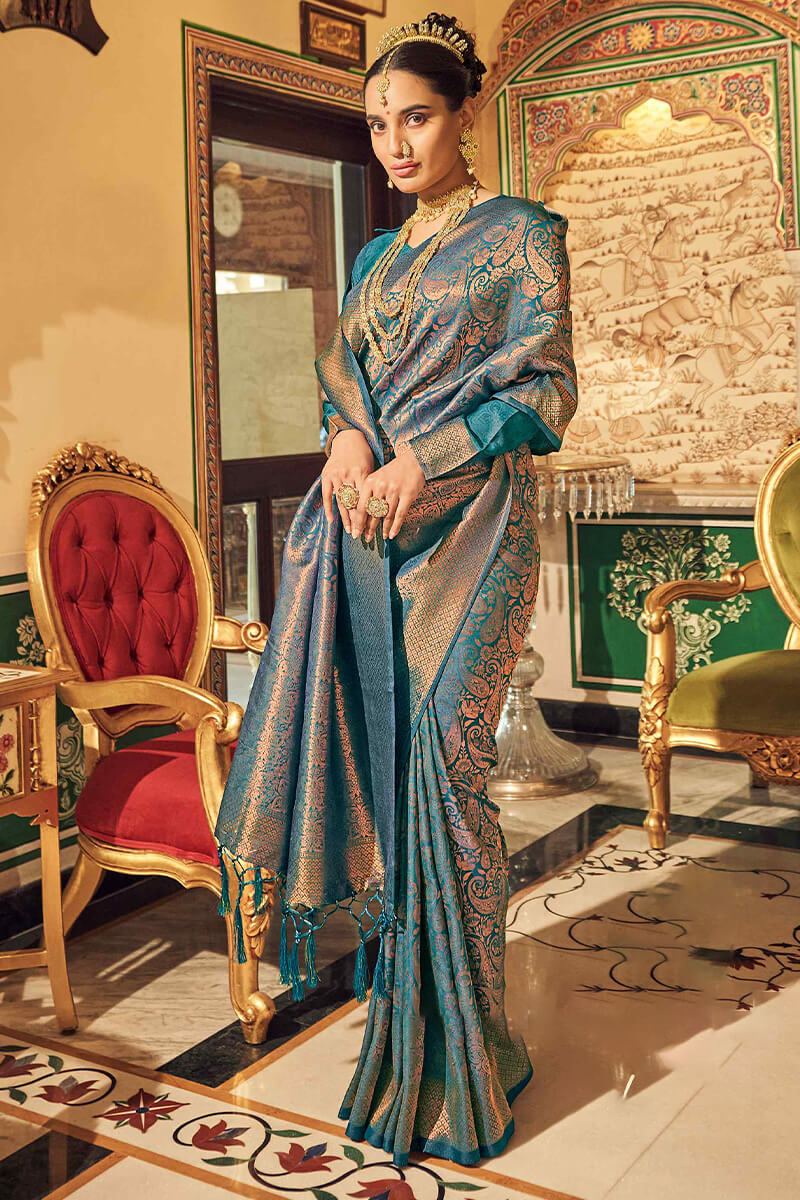 Deserving Rama Kanjivaram Silk Saree With Fairytale Blouse Piece