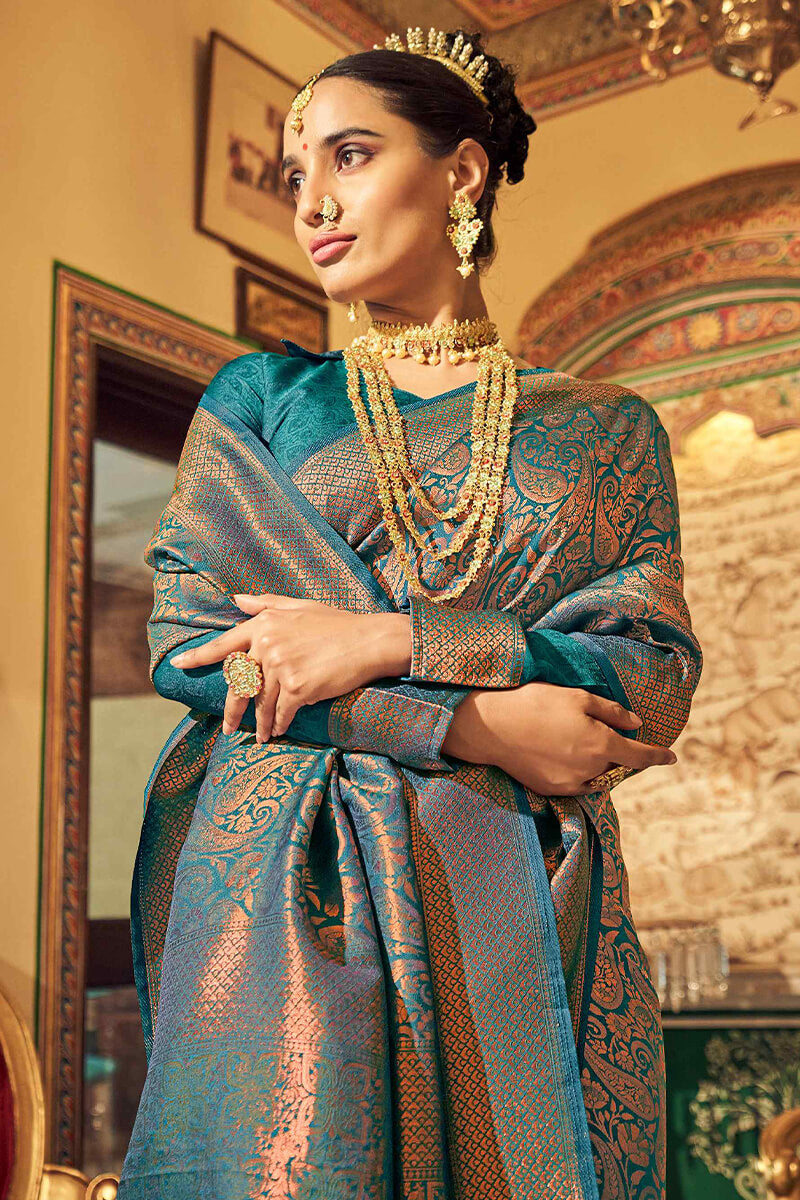 Deserving Rama Kanjivaram Silk Saree With Fairytale Blouse Piece