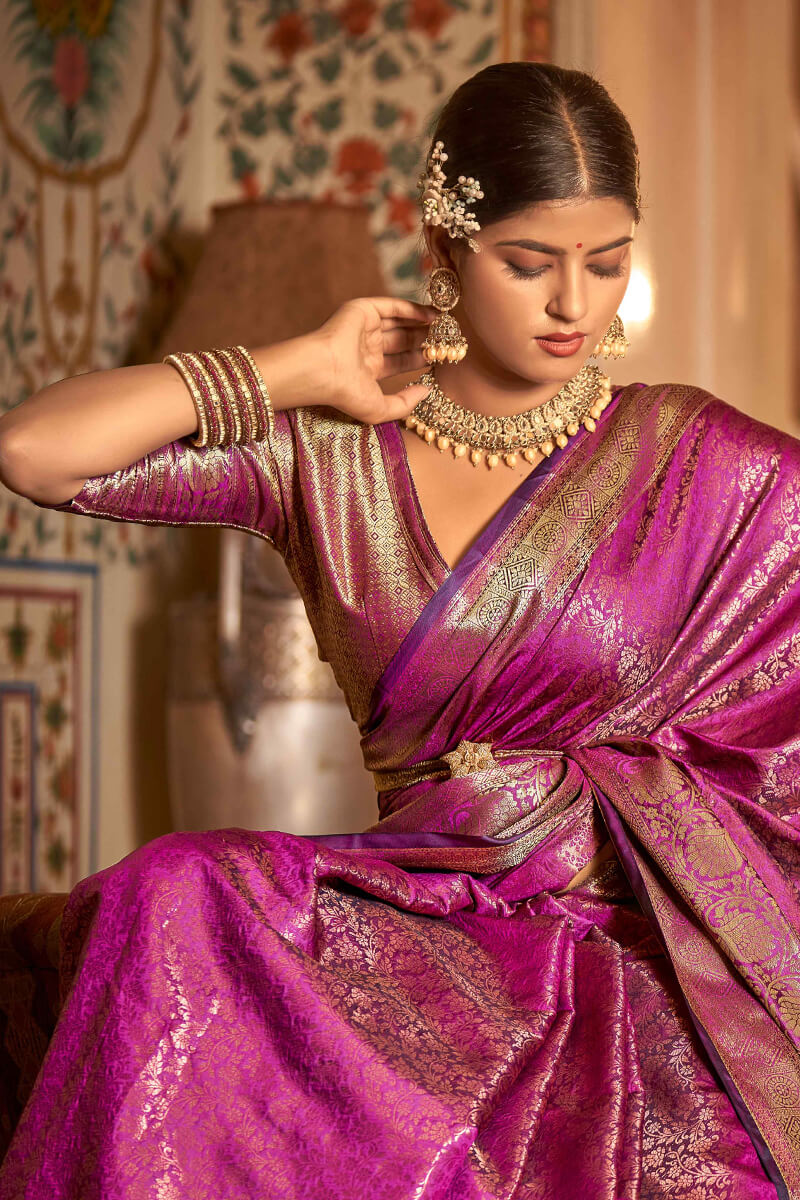 Smart Purple Kanjivaram Silk Saree With Exceptional Blouse Piece