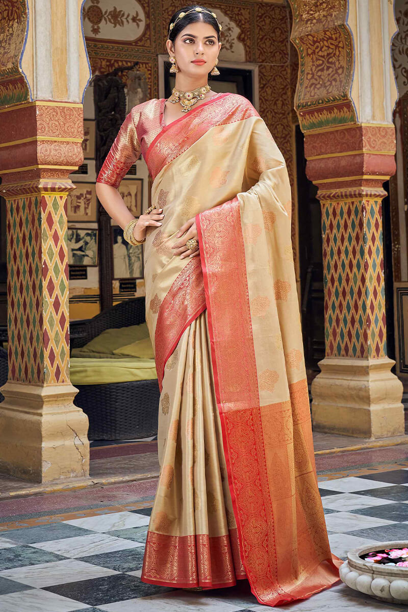 Engrossing Beige Soft Banarasi Silk Saree With Smart Blouse Piece