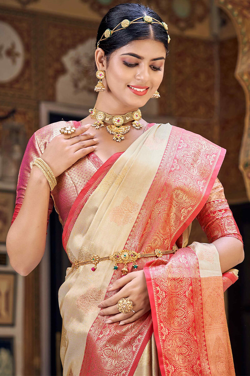 Engrossing Beige Soft Banarasi Silk Saree With Smart Blouse Piece