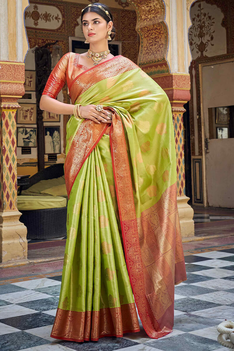 Adorable Parrot Green Soft Banarasi Silk Saree With Demanding Blouse Piece