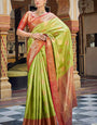 Adorable Parrot Green Soft Banarasi Silk Saree With Demanding Blouse Piece