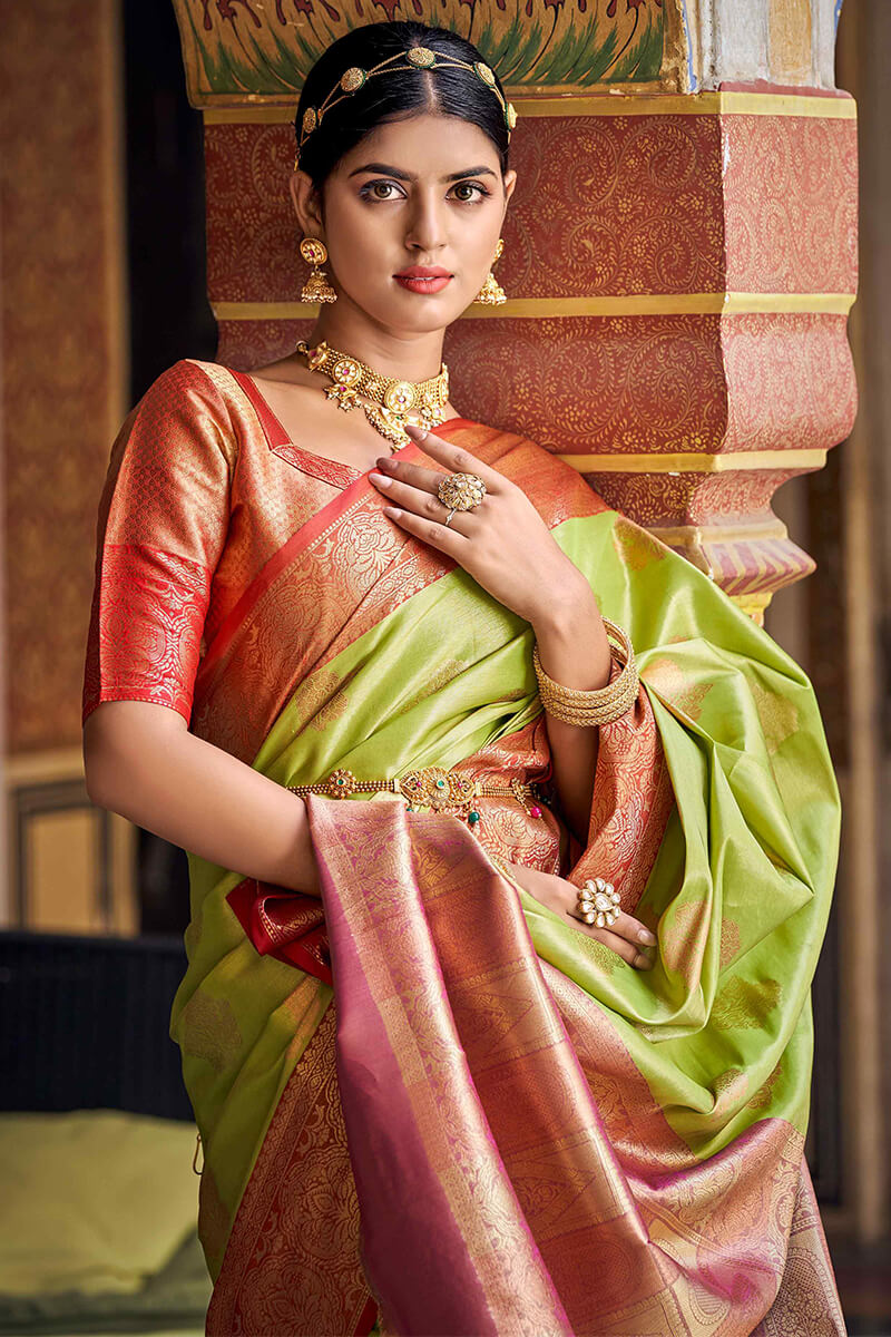 Adorable Parrot Green Soft Banarasi Silk Saree With Demanding Blouse Piece