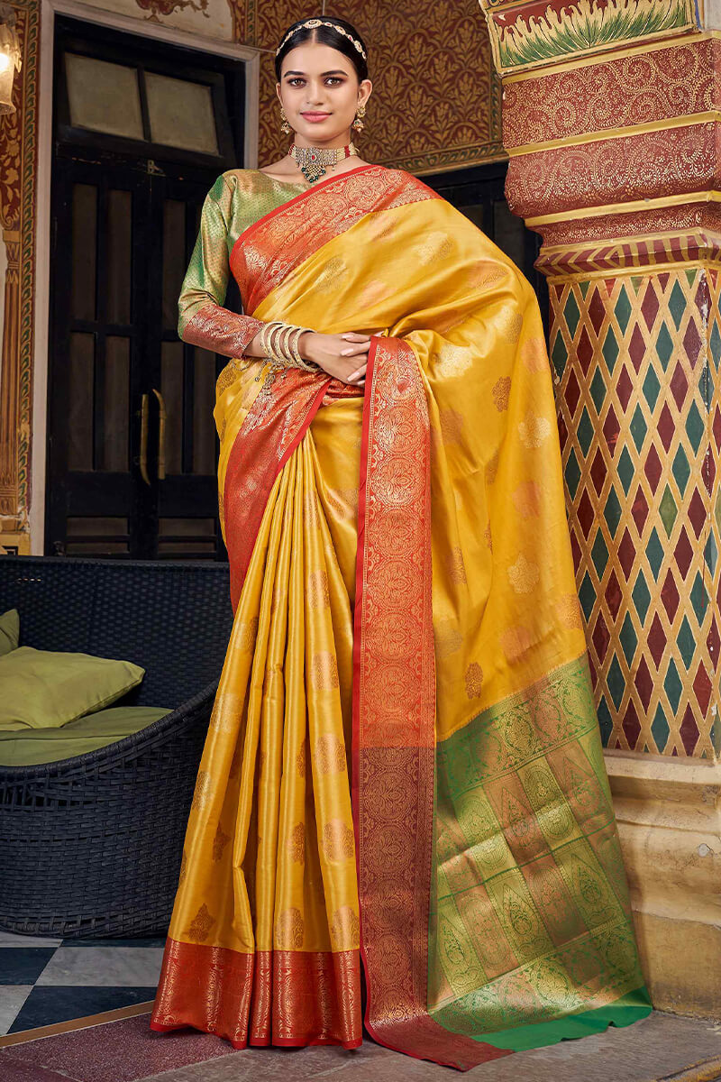 Arresting Yellow Soft Banarasi Silk Saree With Beautiful Blouse Piece