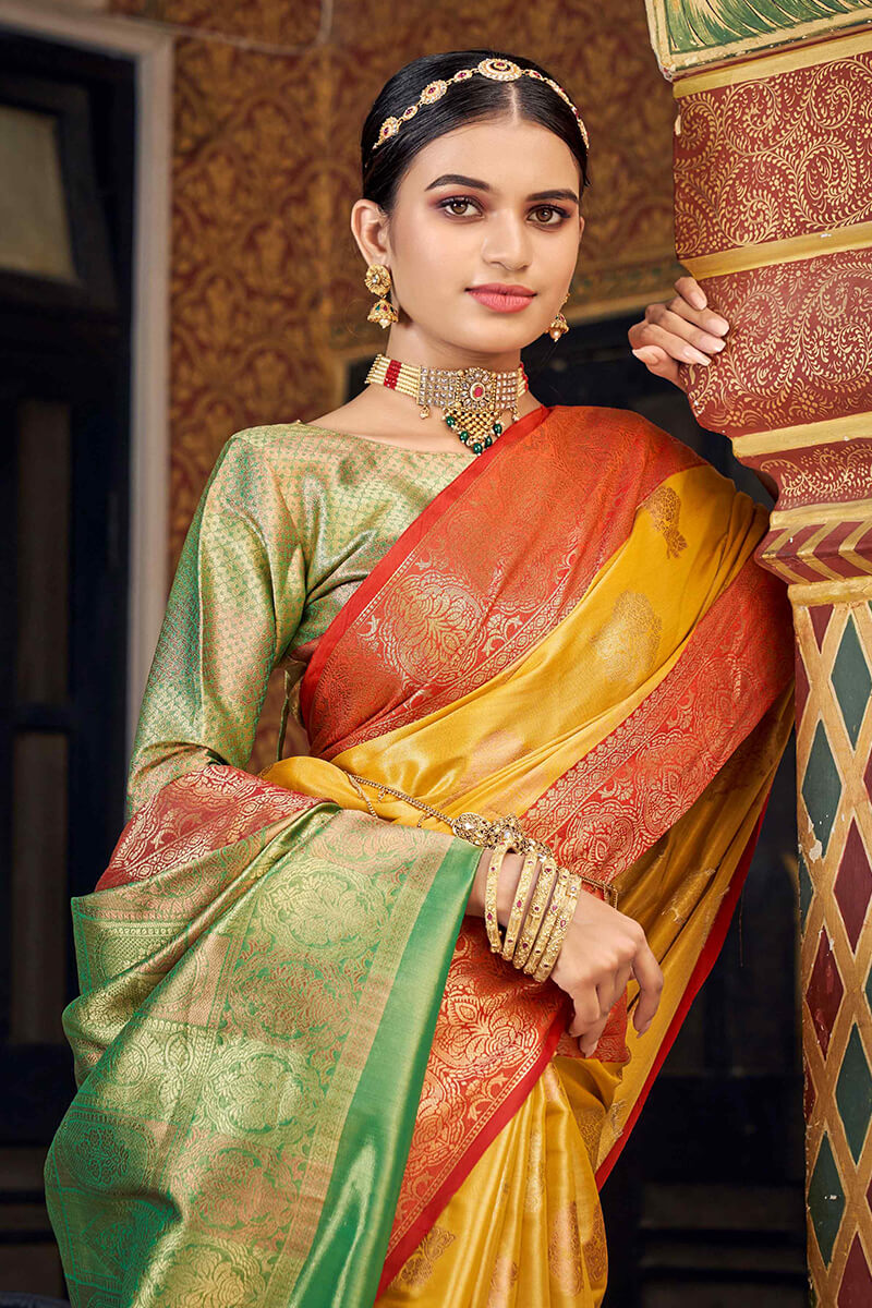 Arresting Yellow Soft Banarasi Silk Saree With Beautiful Blouse Piece