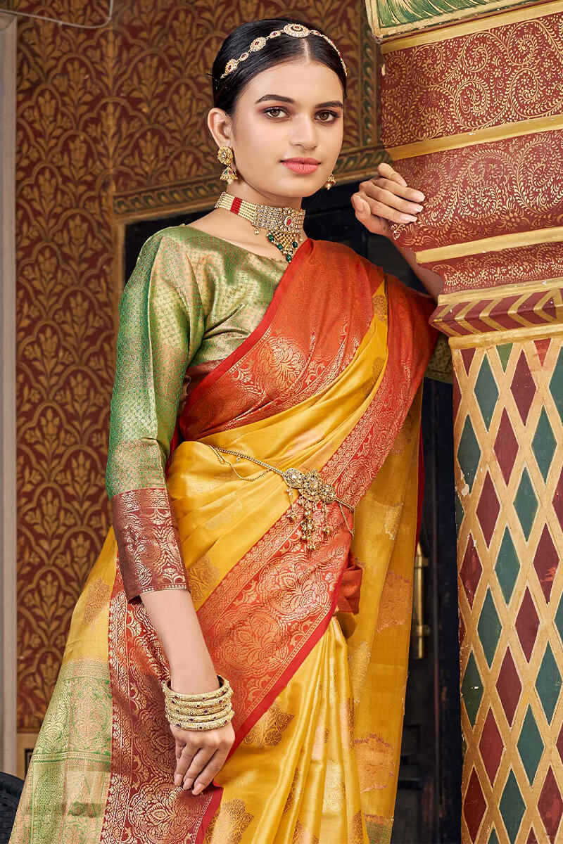 Arresting Yellow Soft Banarasi Silk Saree With Beautiful Blouse Piece