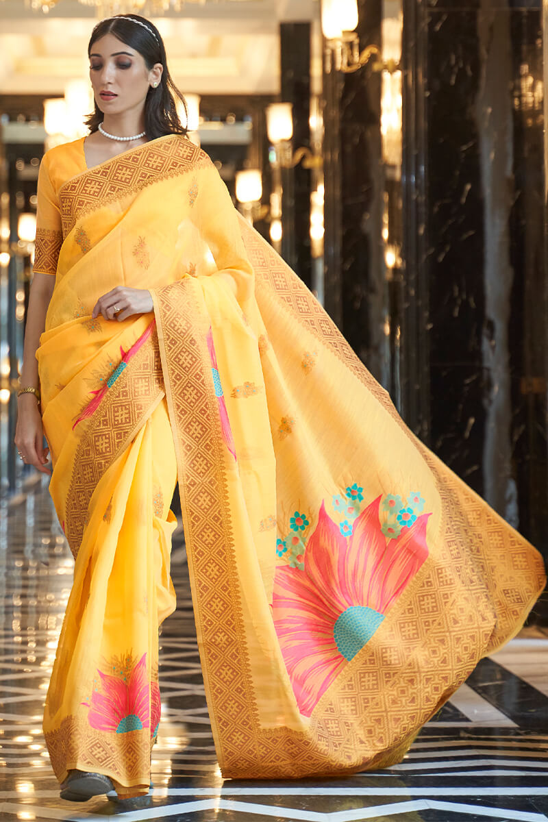 Fuel Yellow Linen Cotton Silk saree