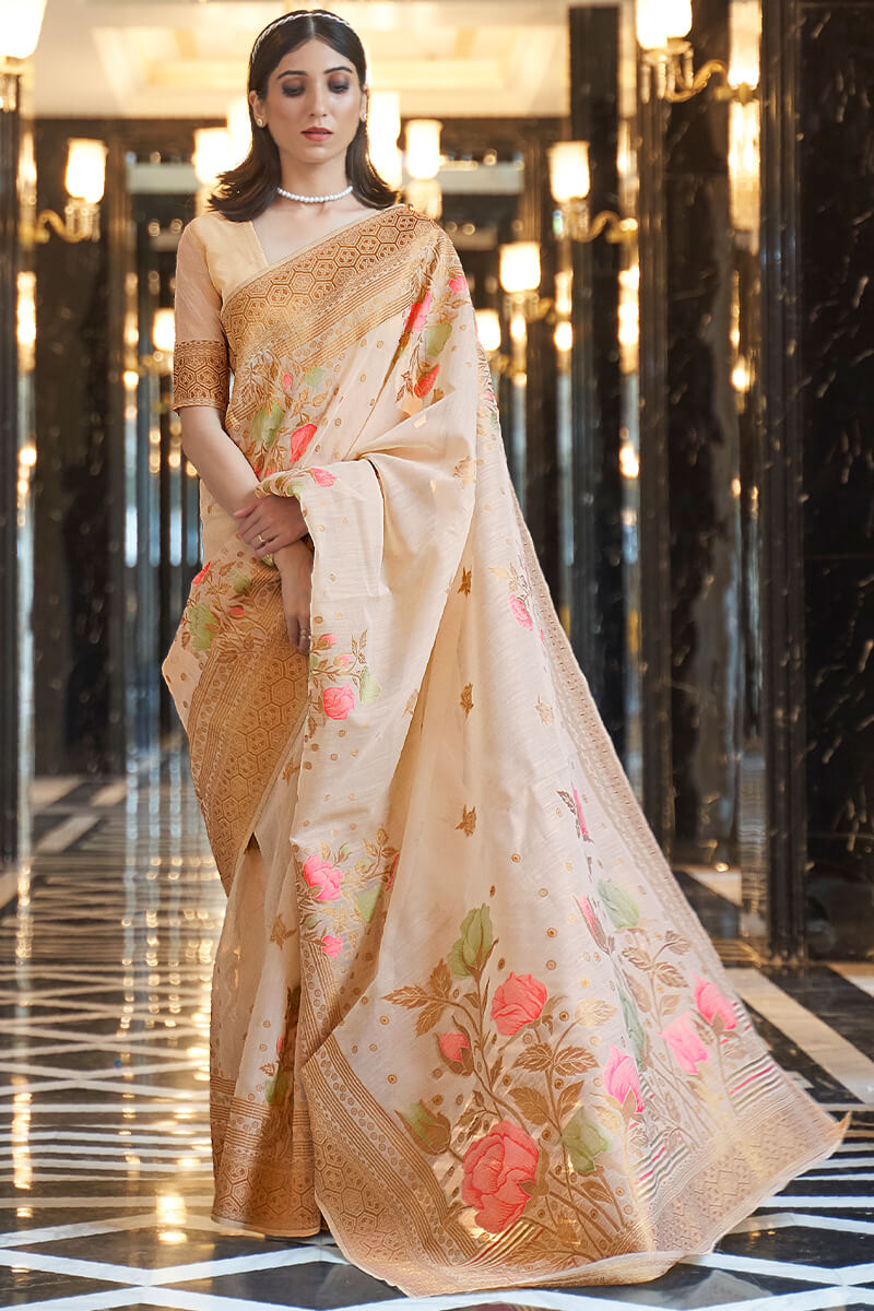 Pavlova Beige Linen Cotton Silk saree