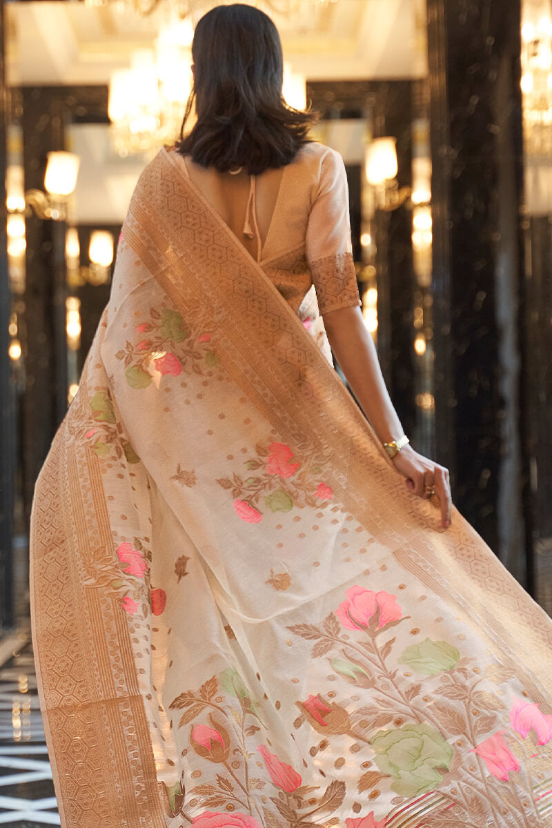 Pavlova Beige Linen Cotton Silk saree