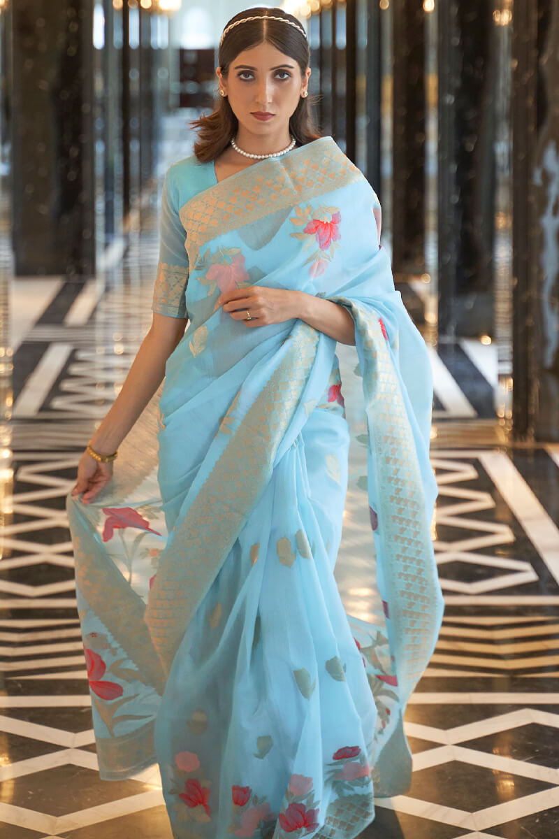 Powder Blue Linen Cotton Silk saree