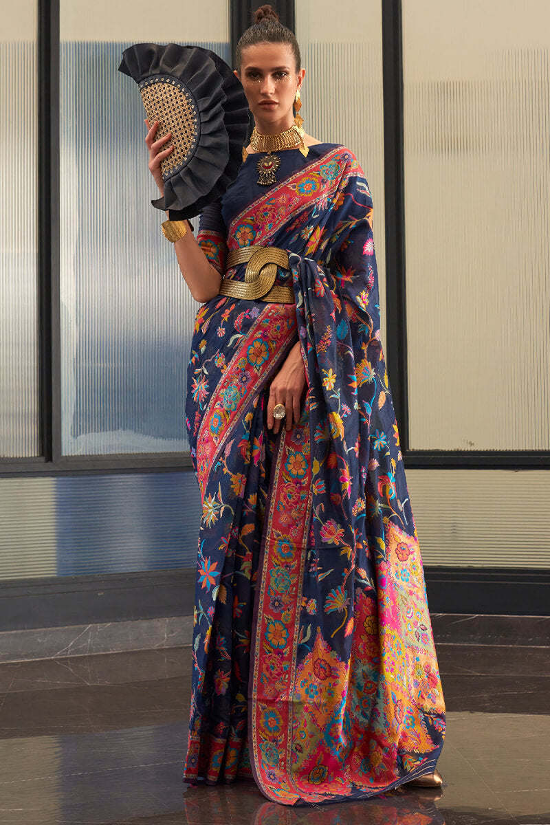 Majesty Navy Blue Cotton Silk Saree With Gleaming Blouse Piece