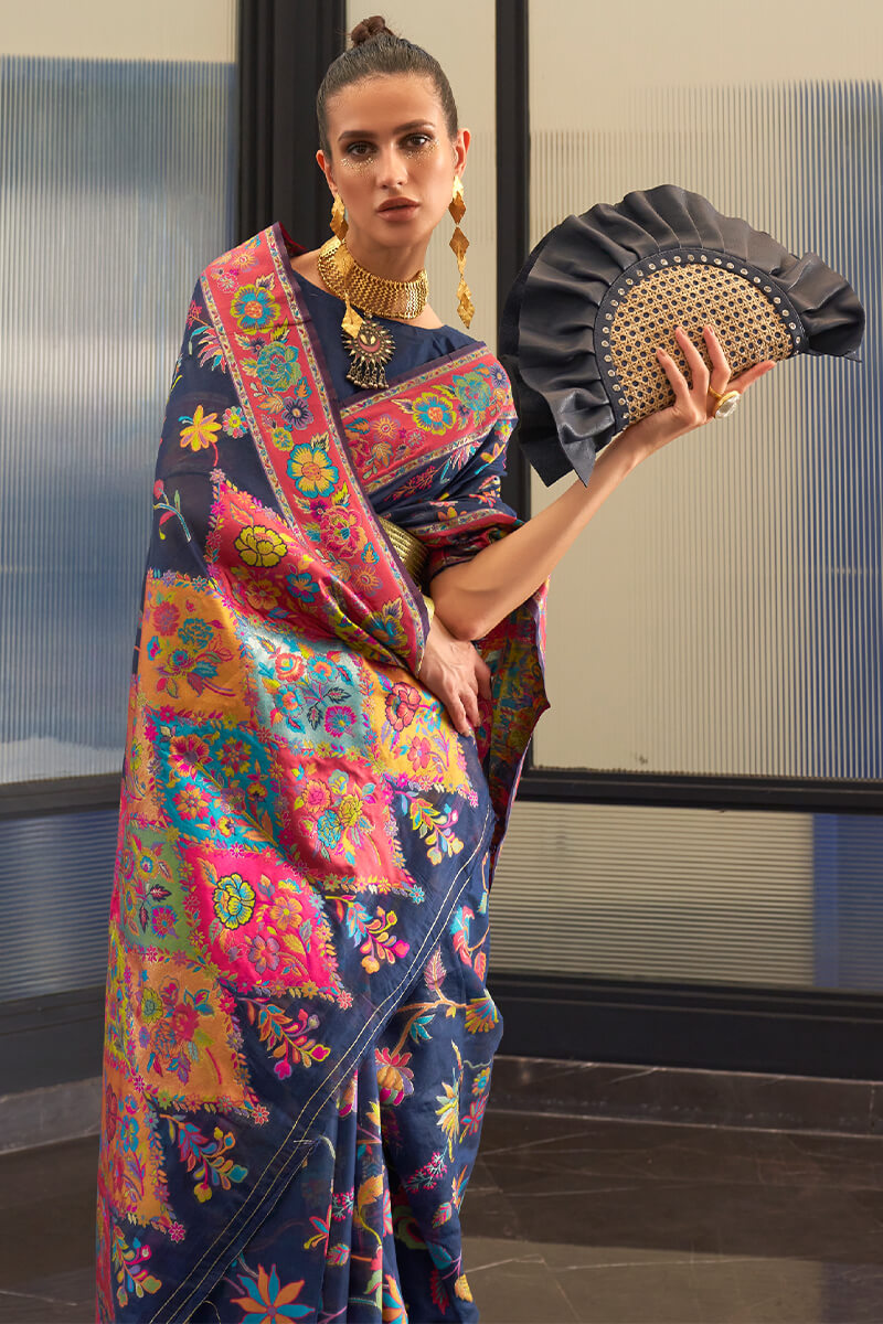 Majesty Navy Blue Cotton Silk Saree With Gleaming Blouse Piece