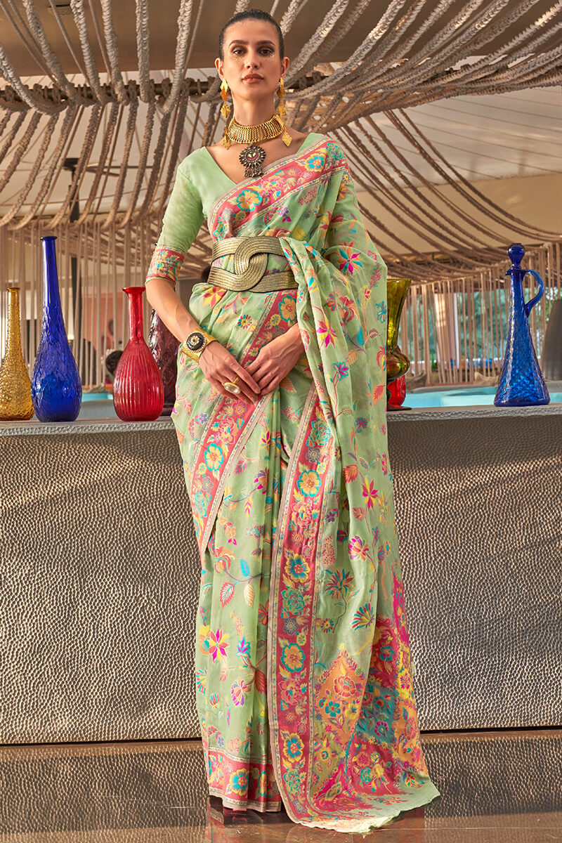 Prominent Pista Cotton Silk Saree With Precious Blouse Piece