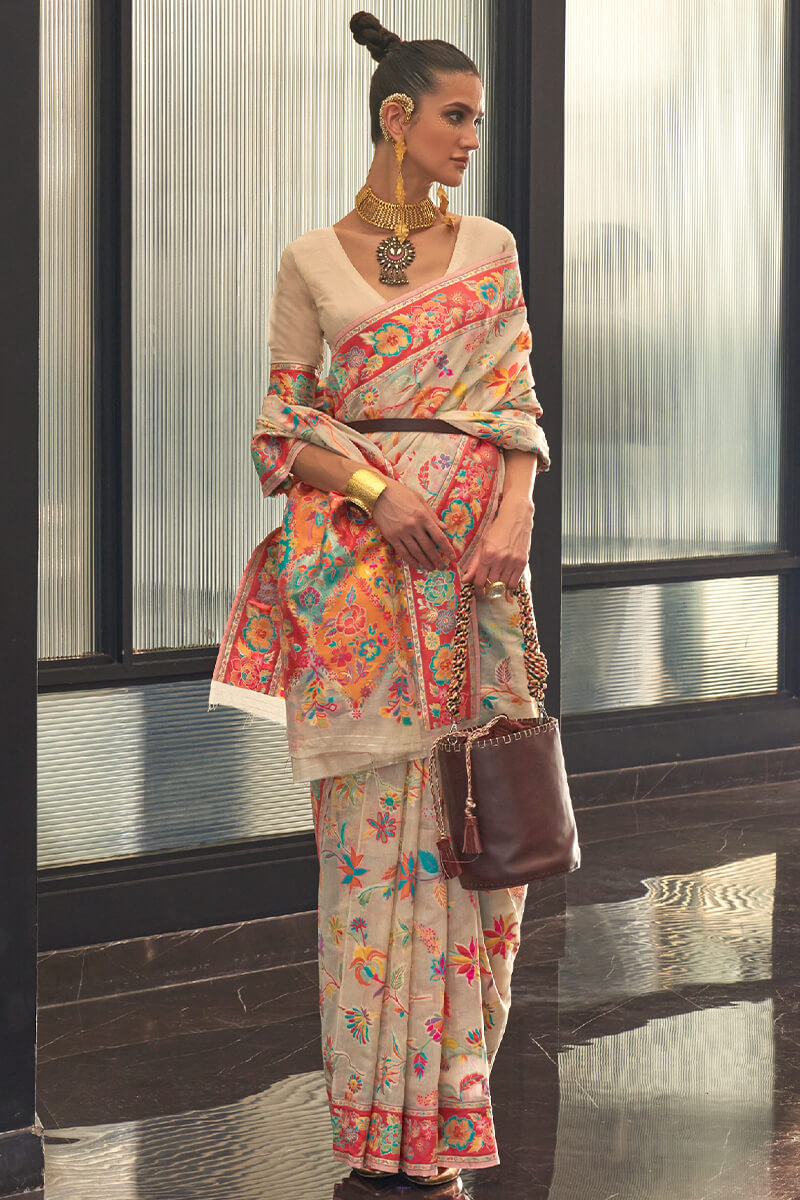 Flamboyant Beige Cotton Silk Saree With Innovative Blouse Piece