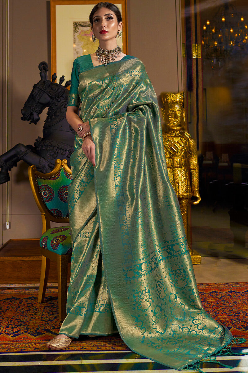 Classic Rama Kanjivaram Silk Saree With Exuberant Blouse Piece