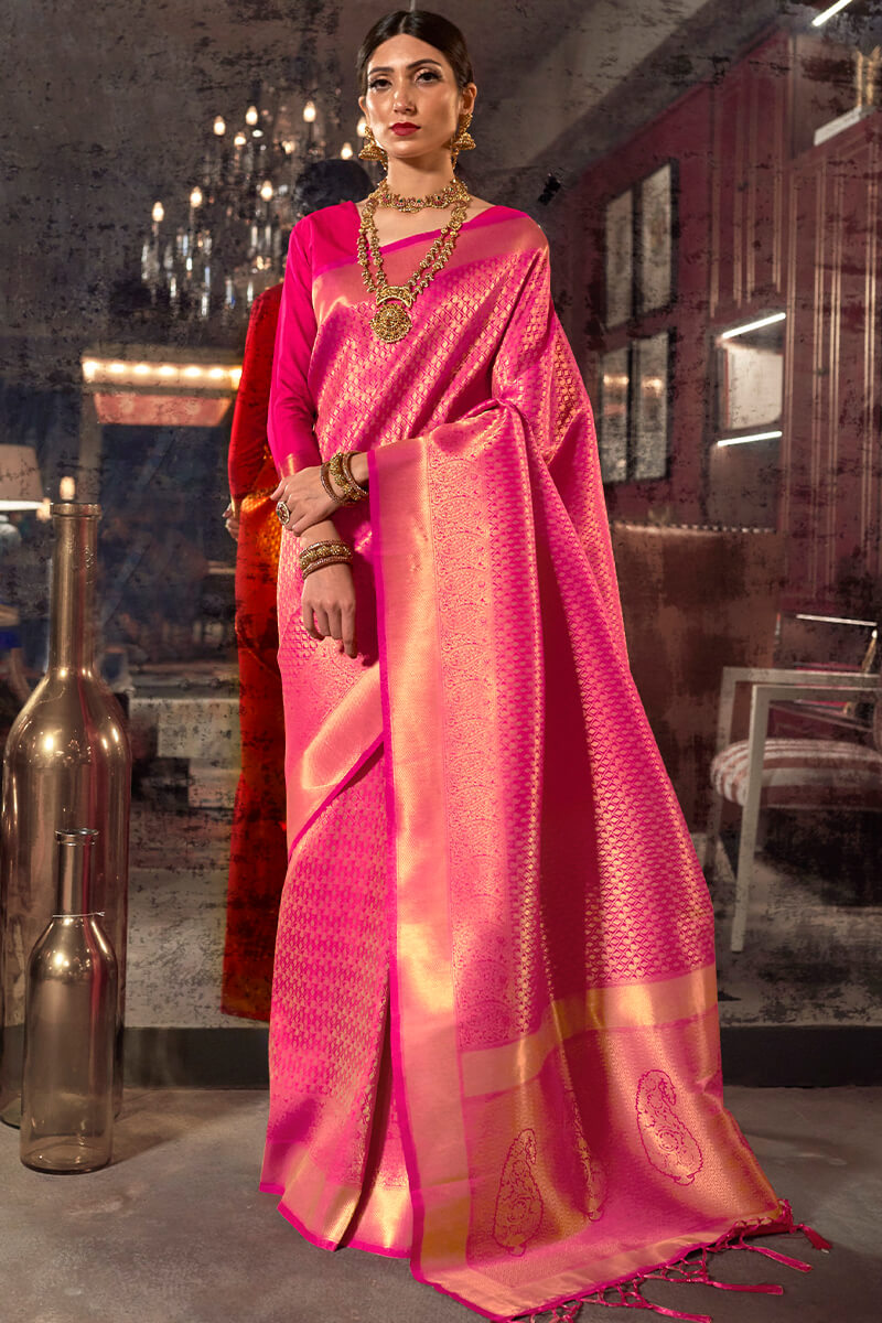 Exquisite Pink Kanjivaram Silk Saree With Prodigal Blouse Piece
