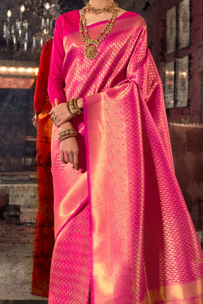 Exquisite Pink Kanjivaram Silk Saree With Prodigal Blouse Piece