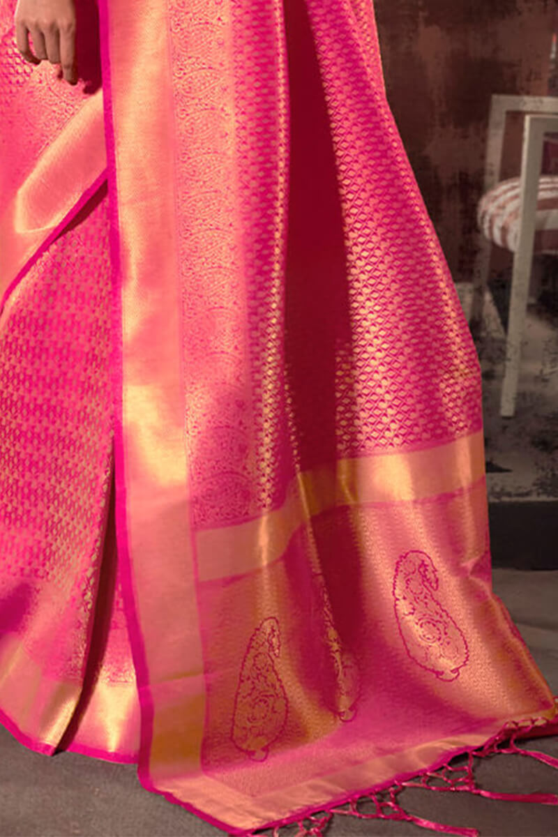Exquisite Pink Kanjivaram Silk Saree With Prodigal Blouse Piece