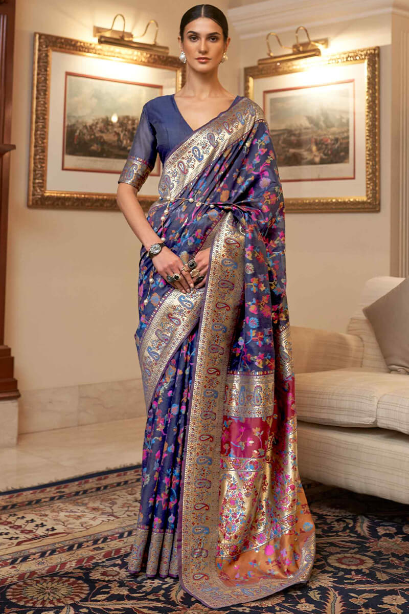 Traditional Navy Blue Pashmina saree With Elaborate Blouse Piece