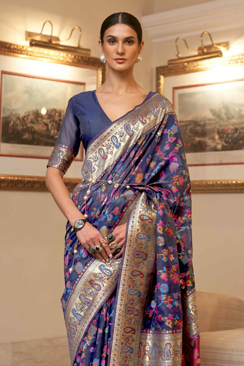 Traditional Navy Blue Pashmina saree With Elaborate Blouse Piece