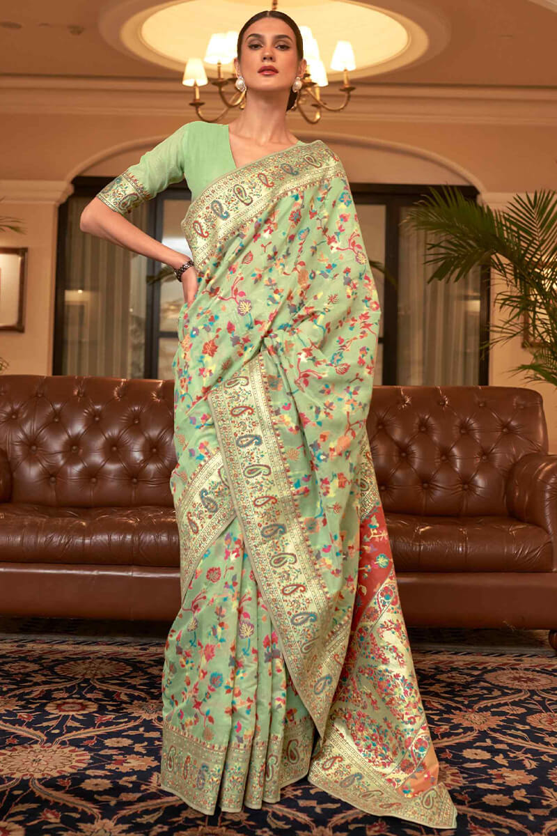 Angelic Pista Pashmina saree With Jubilant Blouse Piece