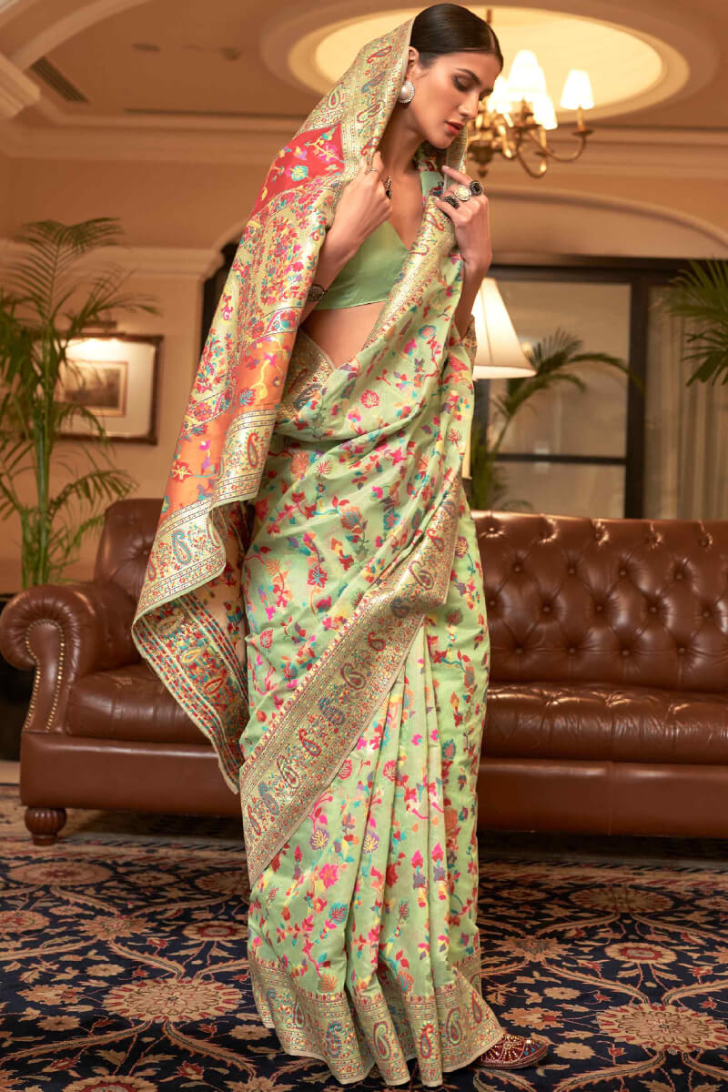 Angelic Pista Pashmina saree With Jubilant Blouse Piece