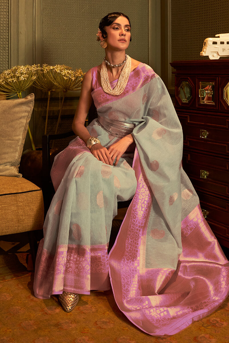 Beauteous Grey Cotton Silk Saree With Enthralling Blouse Piece