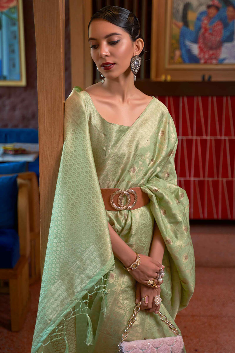 Radiant Pista Soft Banarasi Silk Saree With Alluring Blouse Piece