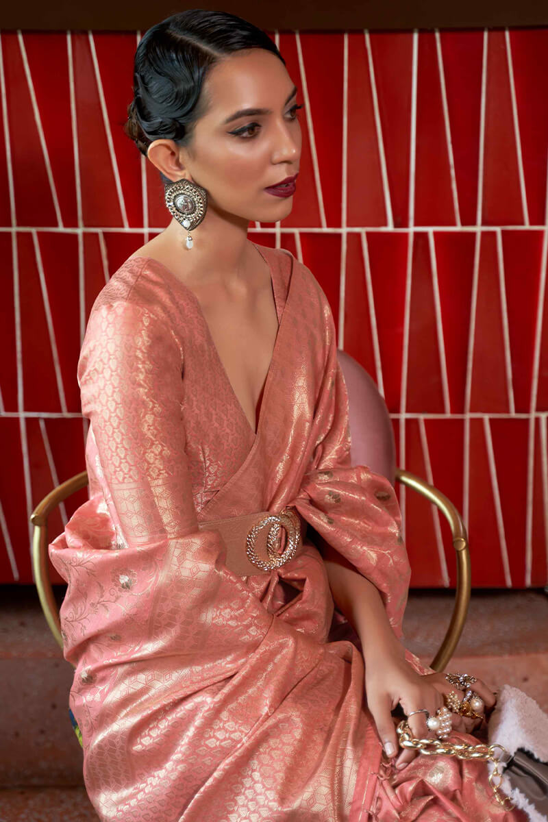 Opulent Peach Soft Banarasi Silk Saree With Sizzling Blouse Piece