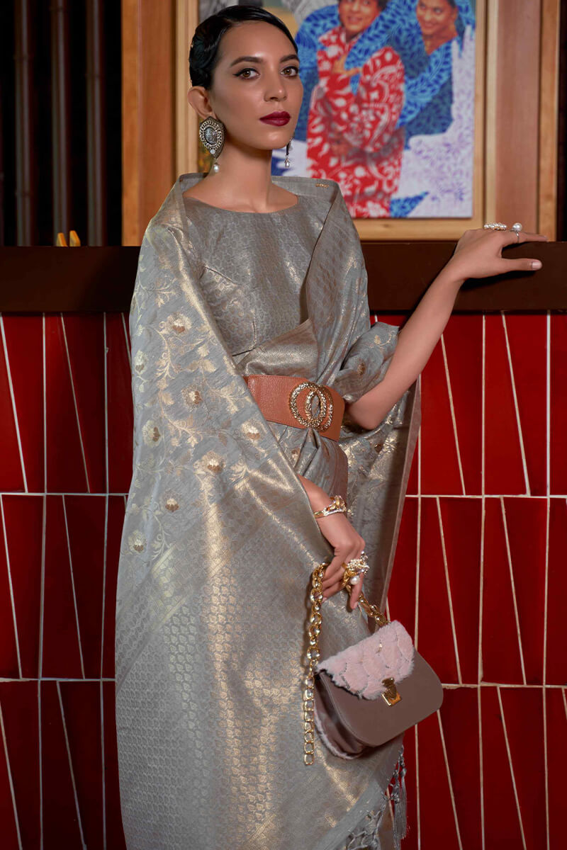 Exceptional Grey Soft Banarasi Silk Saree With Attractive Blouse Piece