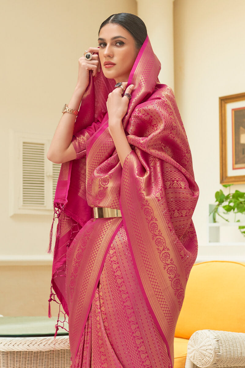 Comely Dark Pink Kanjivaram Silk Saree With Scintillating Blouse Piece