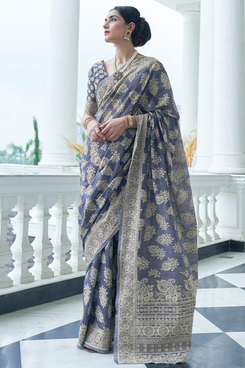 Dolphin Blue Lucknowi Chickankari Silk Saree