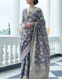 Dolphin Blue Lucknowi Chickankari Silk Saree