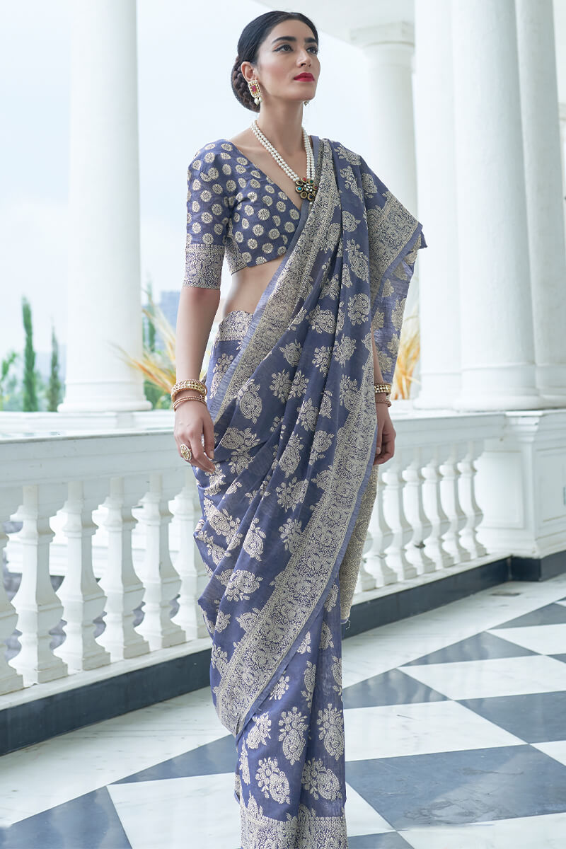 Dolphin Blue Lucknowi Chickankari Silk Saree