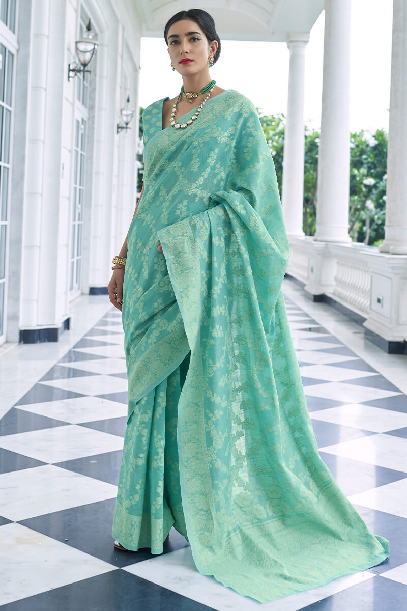 Sea Turtle Green Lucknowi Chickankari Silk Saree