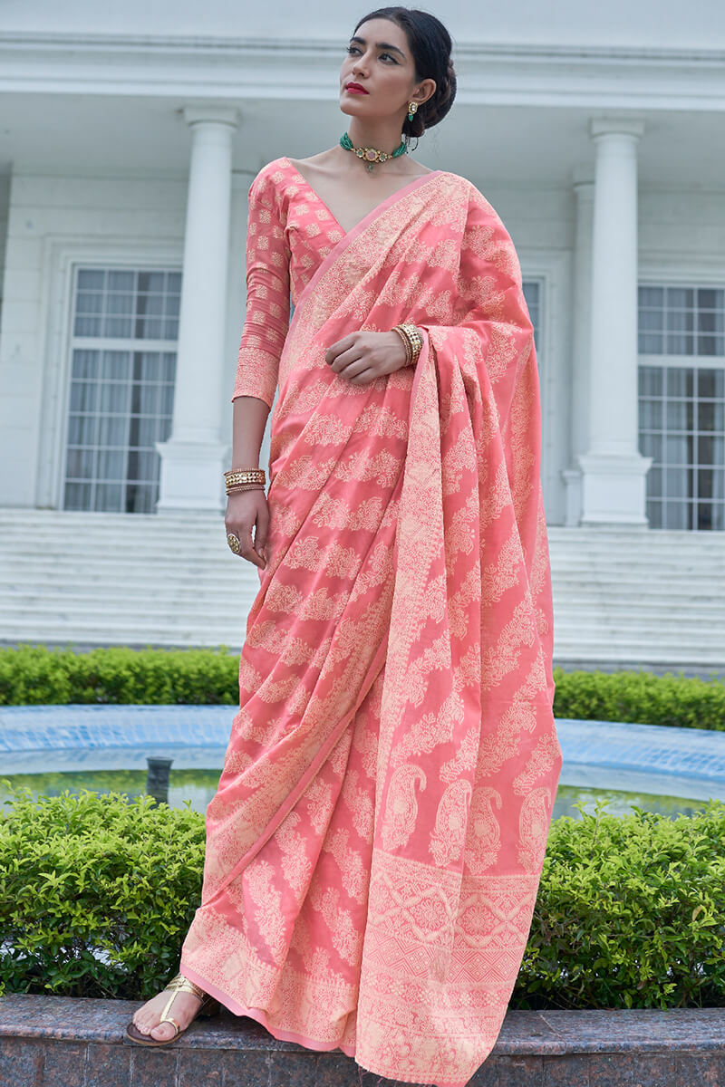 Tulip Pink Lucknowi Chickankari Silk Saree