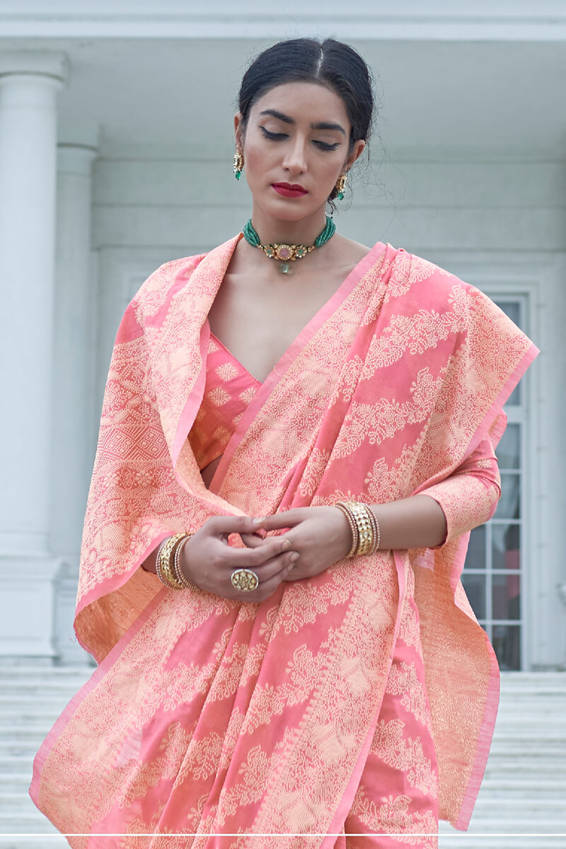 Tulip Pink Lucknowi Chickankari Silk Saree