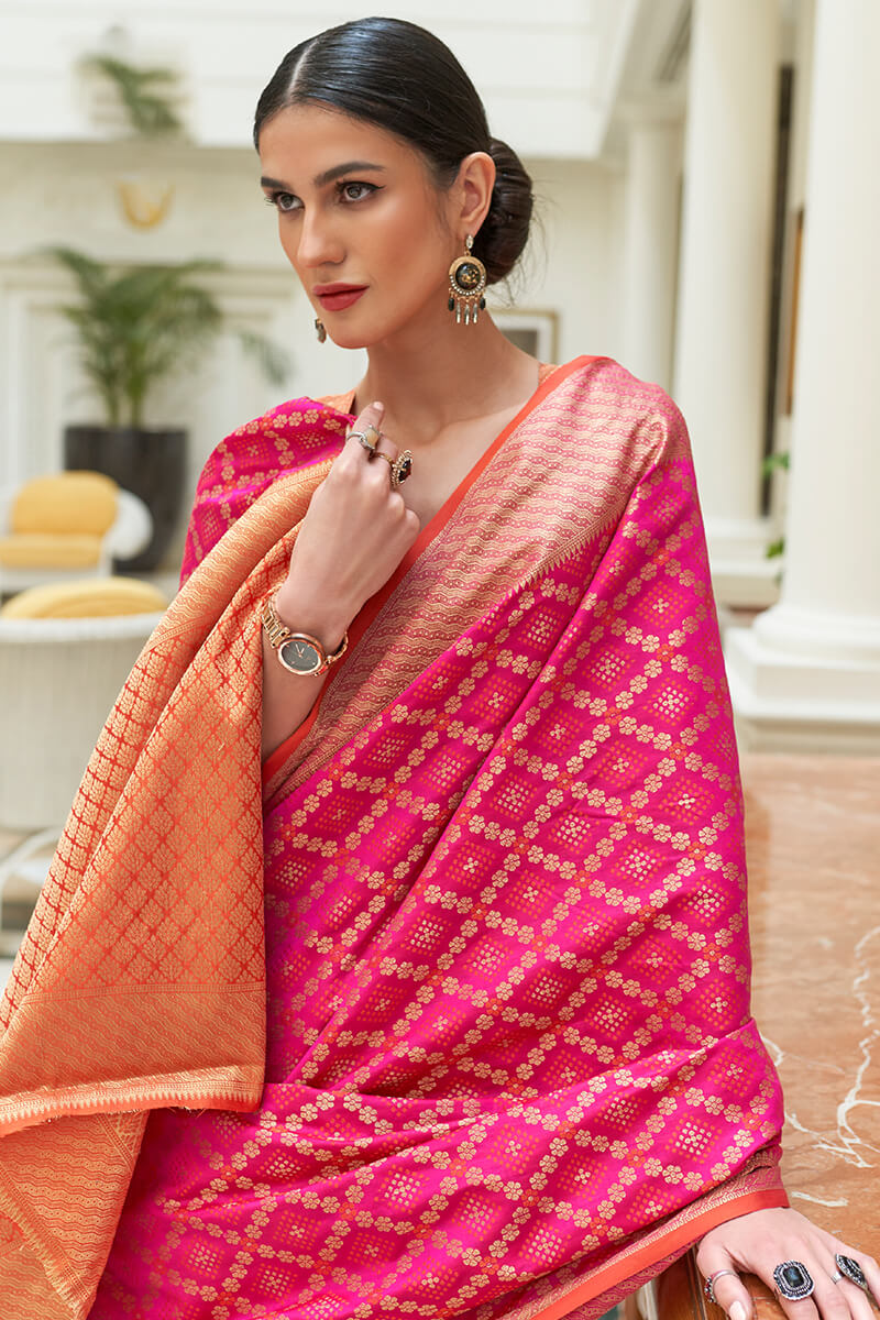 Desuetude Dark Pink Soft Patola Silk Saree with Ephemeral Blouse Piece