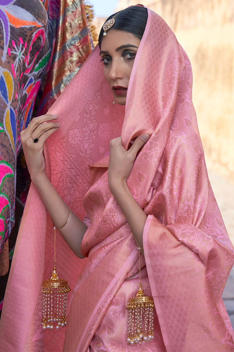 Bucolic Pink Kanjivaram Silk Saree with Rhapsody Blouse Piece