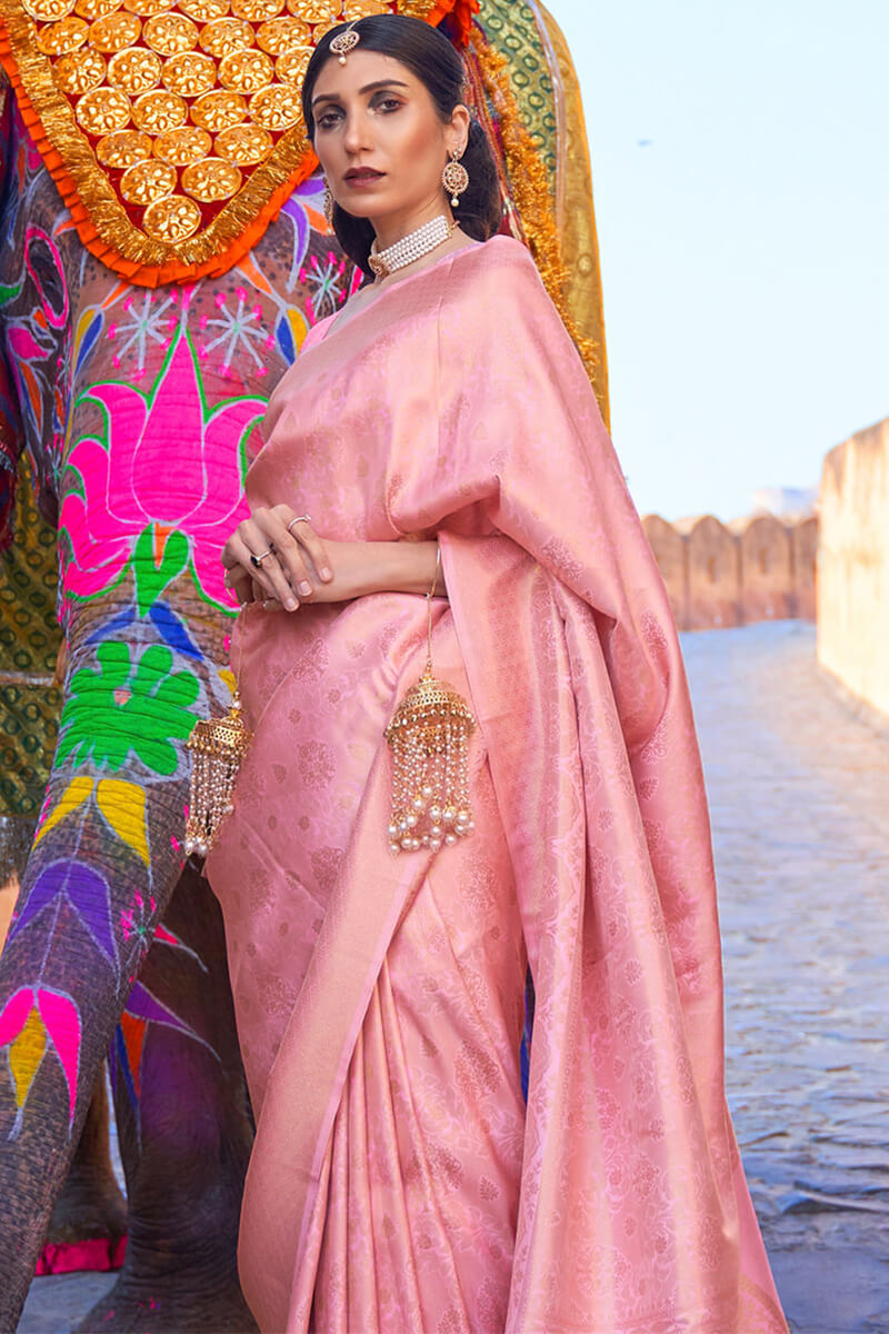 Bucolic Pink Kanjivaram Silk Saree with Rhapsody Blouse Piece