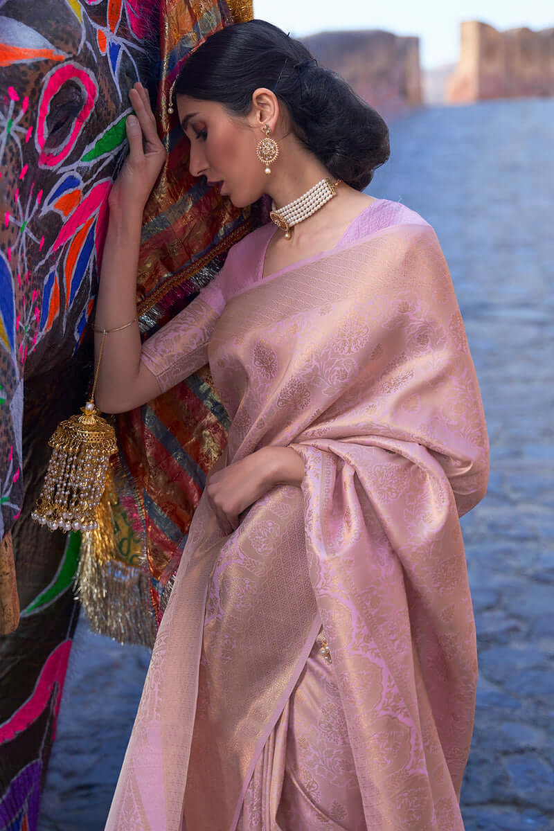Chatoyant Baby Pink Kanjivaram Silk Saree with Lustrous Blouse Piece