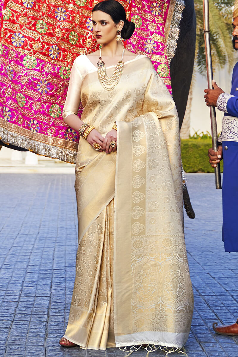 Dalliance Beige Kanjivaram Silk Saree With Beguiling Blouse Piece