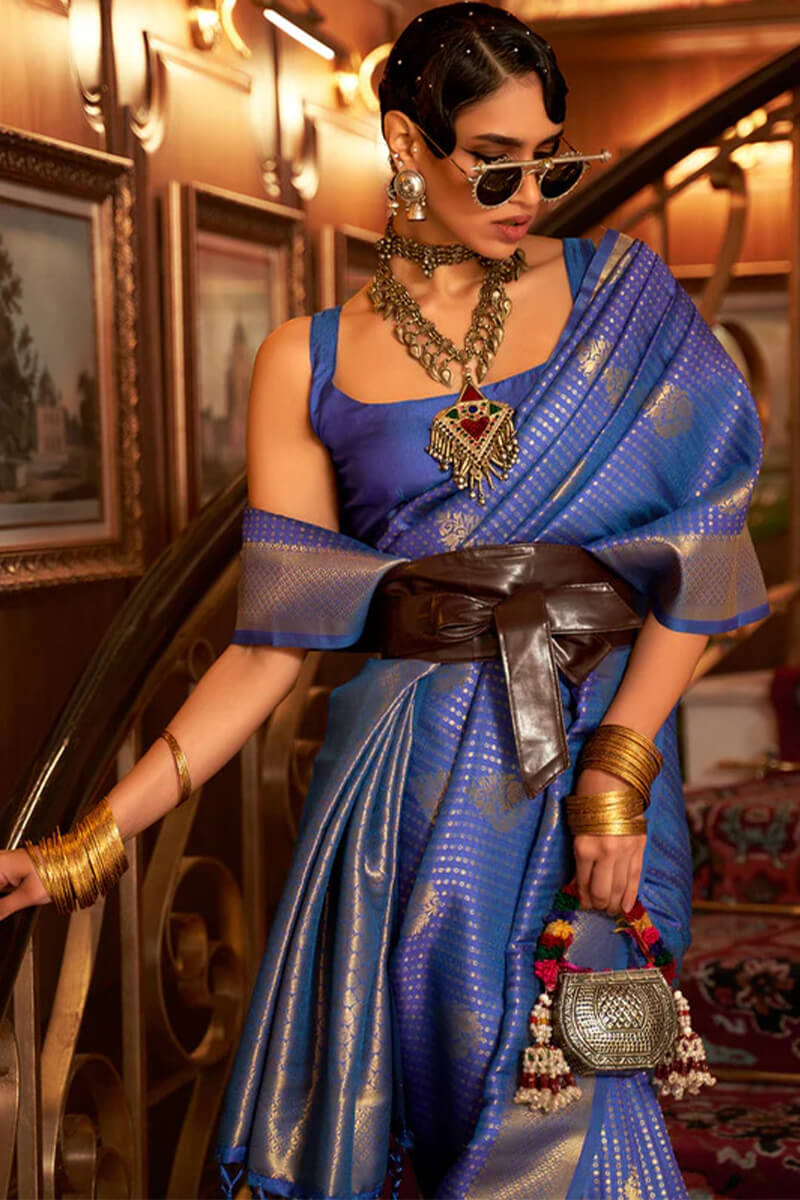 Assemblage Royal Blue Kanjivaram Silk Saree with Aplomb Blouse Piece