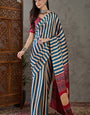 Smashing Navy Blue Ajrakh Printed Semi Modal Silk Saree With Magnificat Blouse Piece