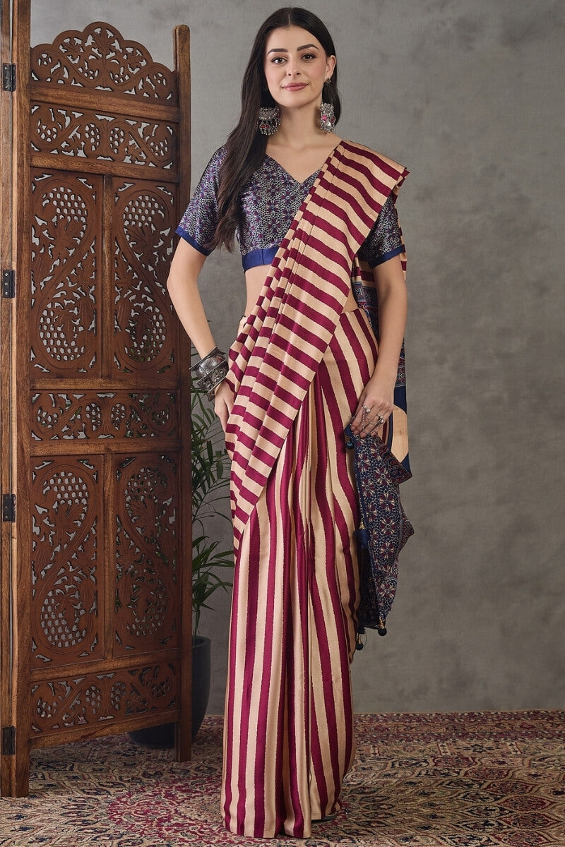 Impressive Maroon Ajrakh Printed Semi Modal Silk Saree With Enticing Blouse Piece