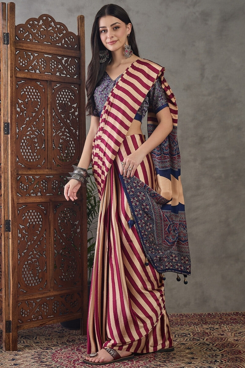 Impressive Maroon Ajrakh Printed Semi Modal Silk Saree With Enticing Blouse Piece