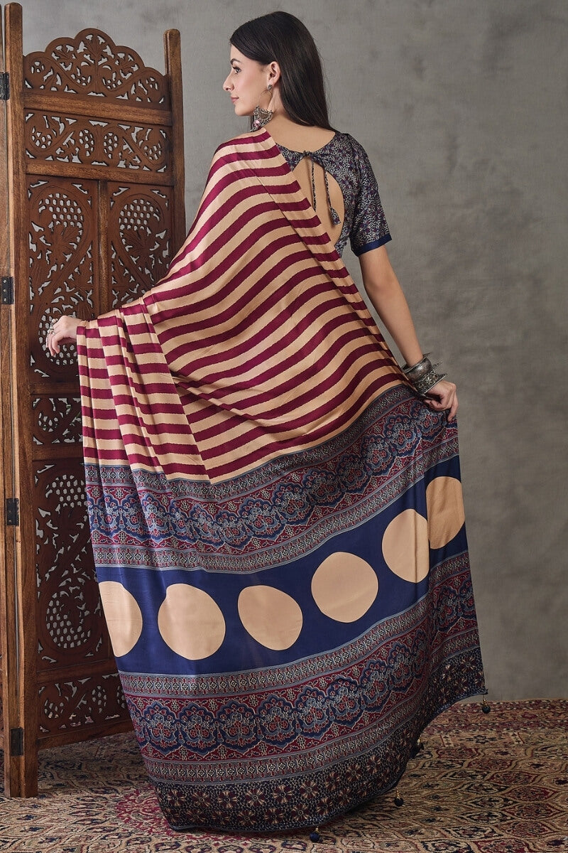 Impressive Maroon Ajrakh Printed Semi Modal Silk Saree With Enticing Blouse Piece
