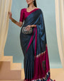 Majesty Navy Blue Ajrakh Printed Semi Modal Silk Saree With Profuse Blouse Piece